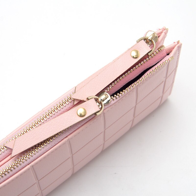 Classic Vrouwen Lange Portemonnee, Dubbele Rits Gesp, Handtas, Geruite Mobiele Telefoon Zak, reliëf Handtas, Nul Portemonnee