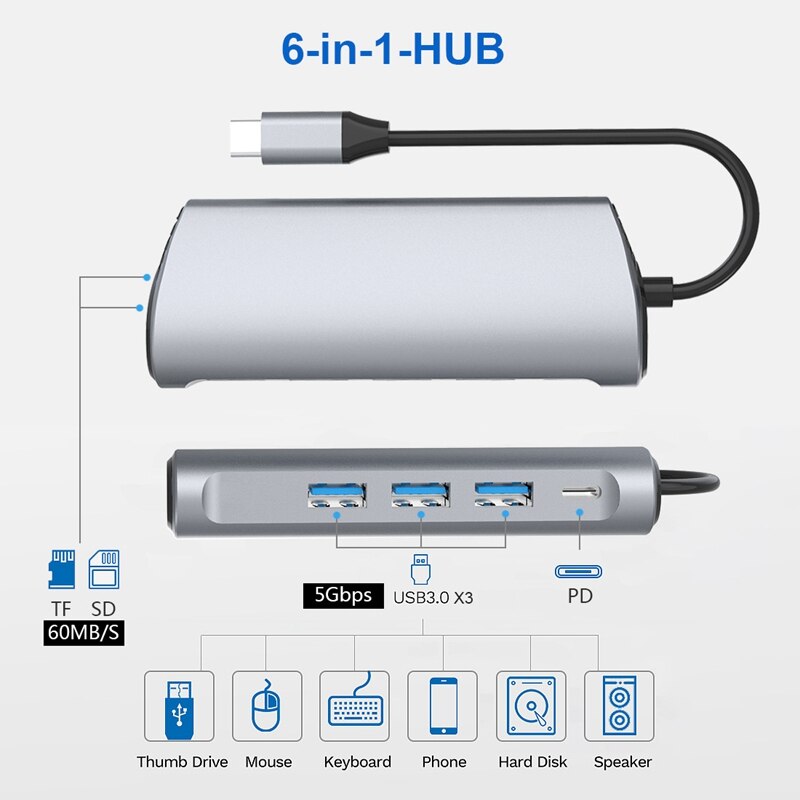 USB C Hub 6 in 1 Type C Adapter with USB 3.0 Hub SD/TF Card Reader PD Charging for iPad and More Laptop Tablet