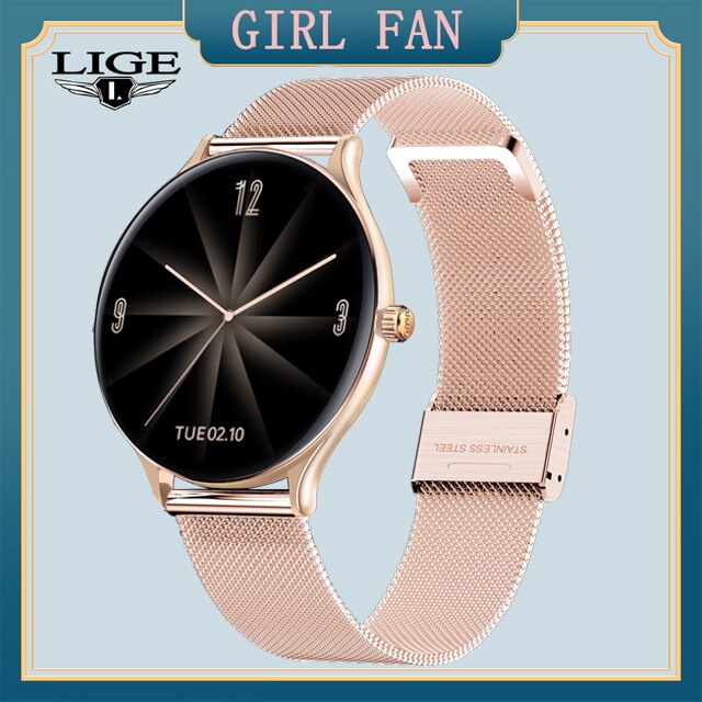 LIGE Full Circle Touch Screen Luxury Smart Watch Women Smart Wristband Fitness Bracelet Men Heart Rate Waterproof Smartwatch: Mesh belt Rose gold