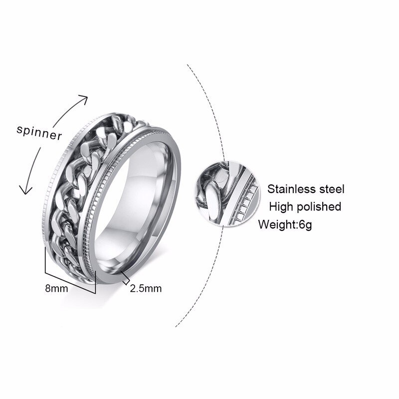 Men's Cuba Chain Spinner Ring 8mm Stainless Steel Wedding Band Silver Color Reliever Worry Rings Men Jewelry