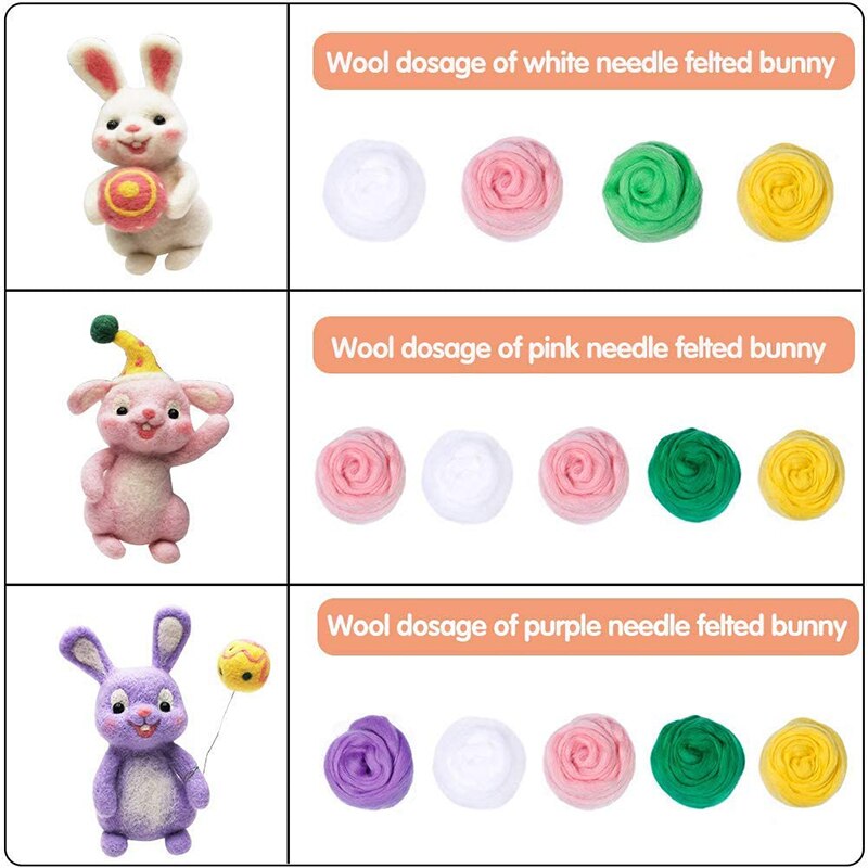 MIUSIE Wool Needle Felt Kit Poked Rabbits DIY Cute Animal Making Felting for Beginners Wool Felted Rabbits Kit with Instructions