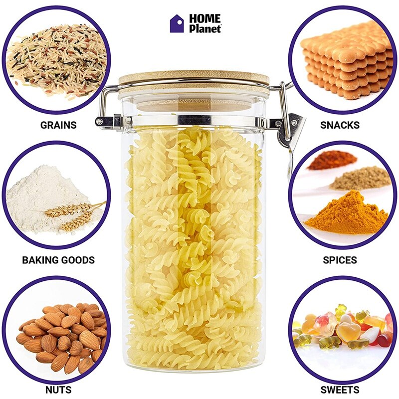 Food Storage Jars With Bamboo Lids Clip Lock Airtight Lids, Glass Jars With Lids, Kitchen Glass Storage Jars With Lids
