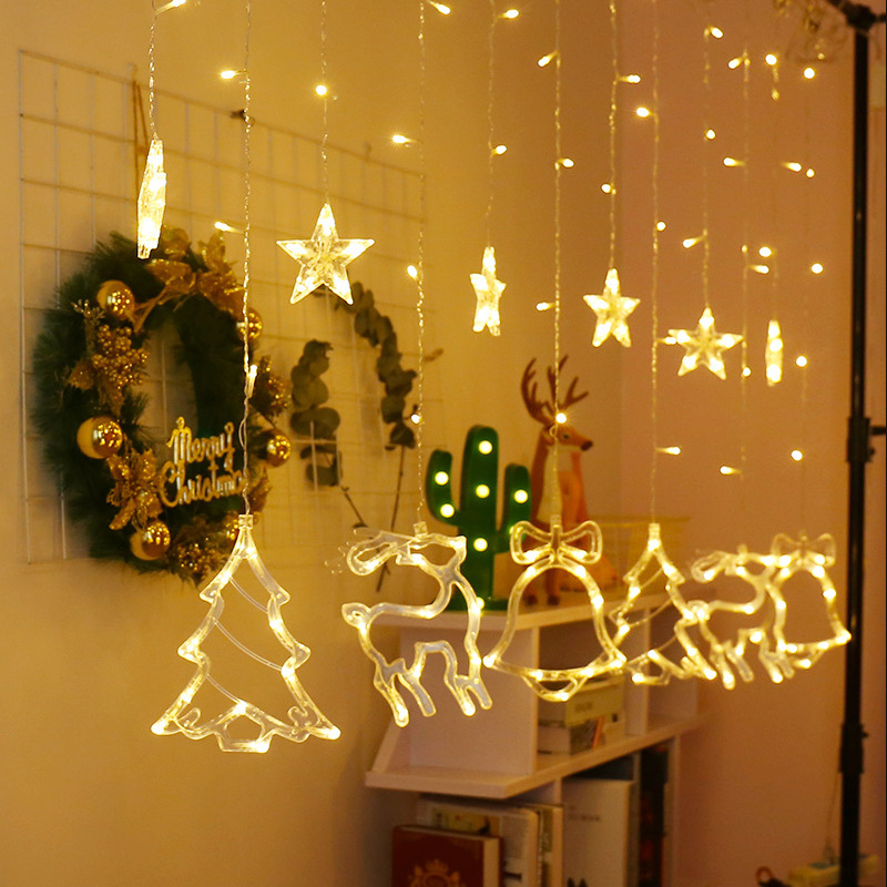 LED Icicle Star Moon Lamp Fairy Lights Curtain Garland Year Christmas Decorations for Home Festoon Led Light on The Window: hunhe warm / US plug