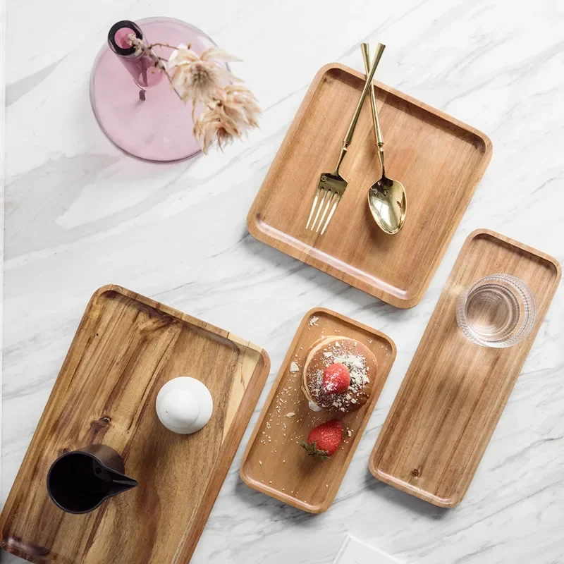 Bandeja de madera de bambú para servir fruta, postre, pastel, aperitivos, plato rectangular para dulces, bandeja de almacenamiento de alimentos, accesorios de cocina para el hogar