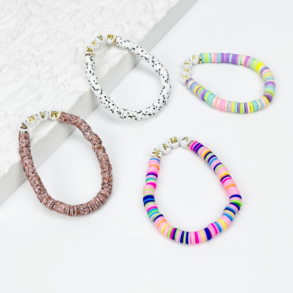 Peri&#39;sbox Cute Handmade Rainbow Polymer Clay Disc Bead Bracelet With Acrylic MAMA Letter For Mother&#39;s Day Jewelry