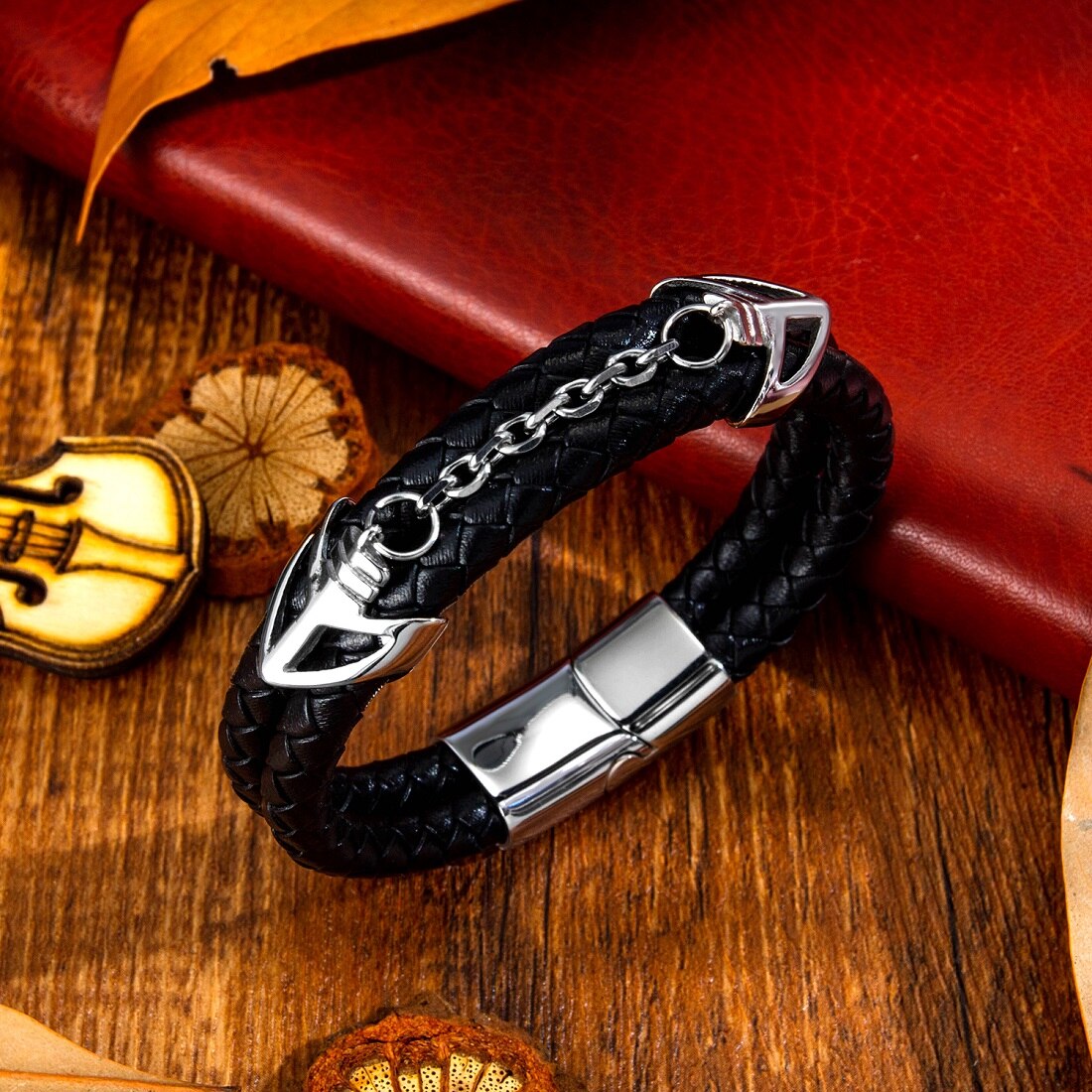 JHSL Alla Moda Degli Uomini di Sesso Maschile Dichiarazione Bracciali e Braccialetti di Alta Qualità Nero di Cuoio dell'UNITÀ di elaborazione e in Acciaio Inox Regalo Del Partito