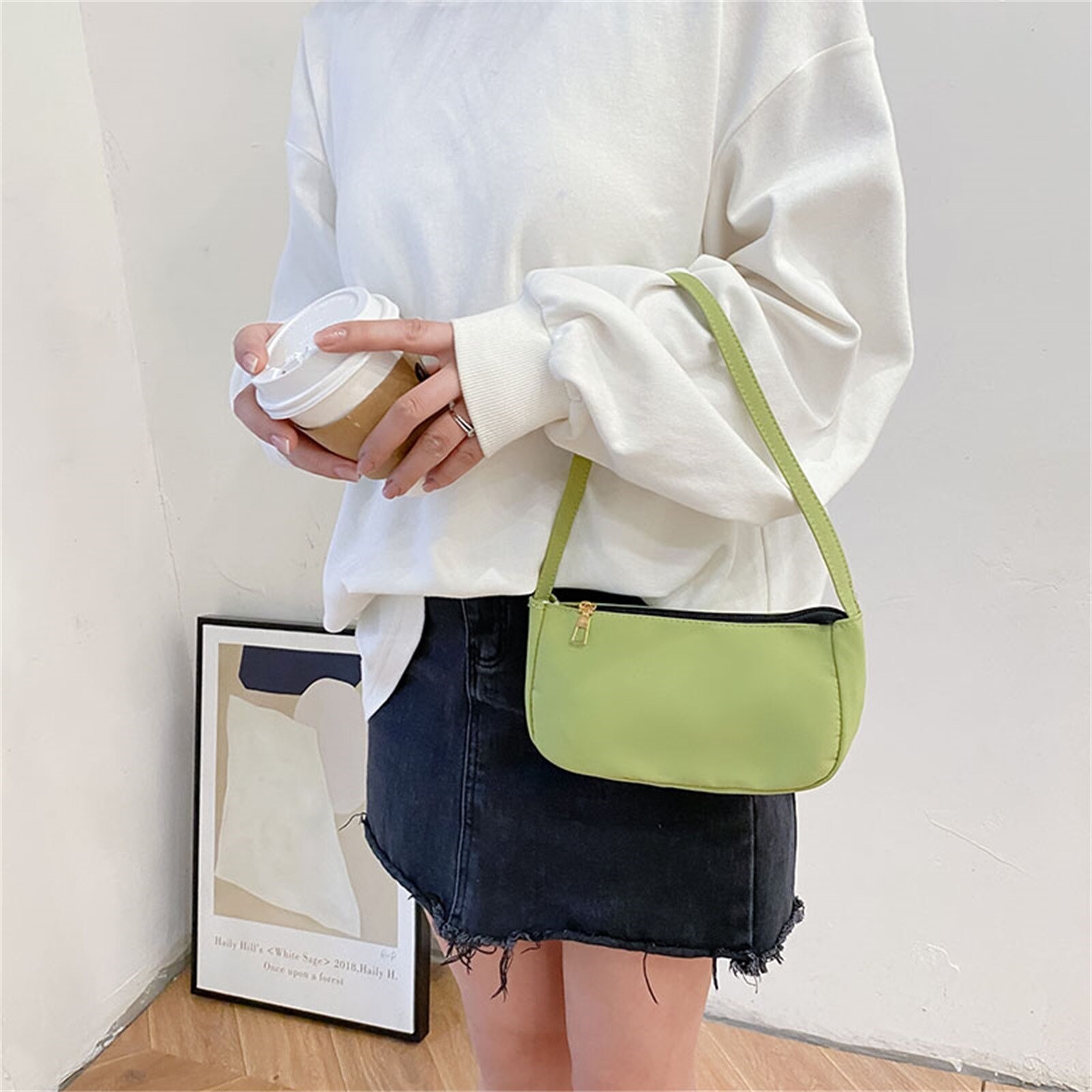 Solid Color Ladies Baguette Handbags Women Nylon Casual Shoulder Underarm Shoulder Bags Portable Travel Clutches#p35