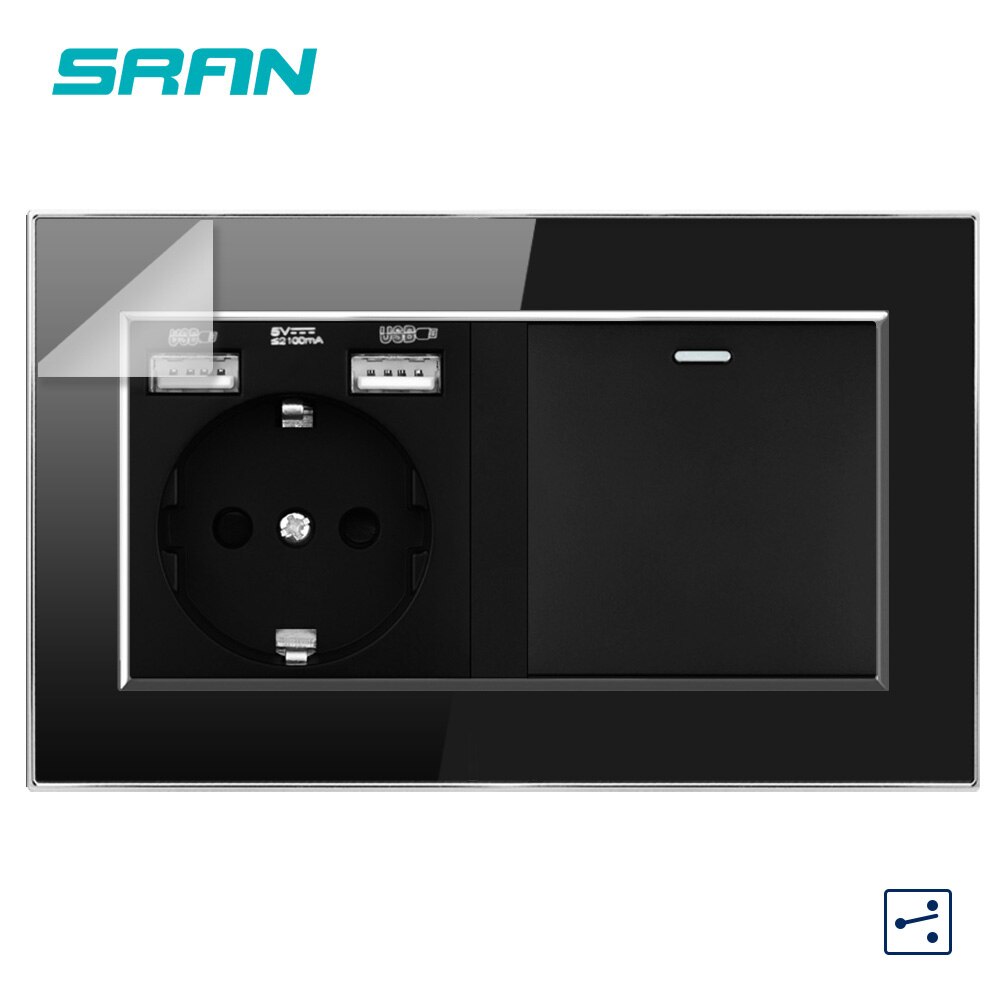 Wall 16A EU Standard Multi Way Power Socket Plug Grounded Electrical Socket with usb outlet 1Gang2Way switch 146 Acrylic panel: Black A10