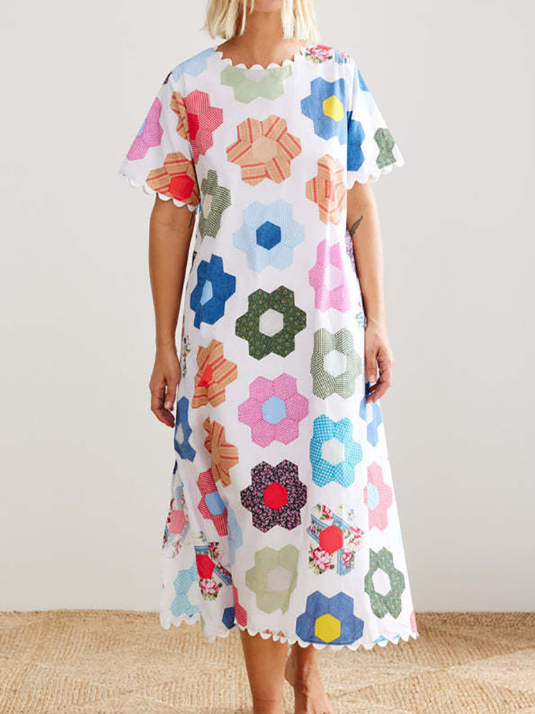 O Neck Casual Female Patchwork Maxi Dress, Women Summer Short Sleeve Chic Party Dress, Printed Ladies Dress
