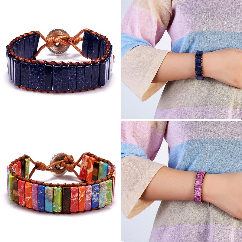 Chakra Bracelet Jewelry Handmade Multi Color Natural Stone Tube Beads Leather Wrap Couples Bracelets