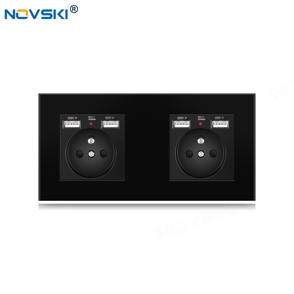 Novski Eu Franse Muur Kristal Glas Zwart Paneel Stopcontact 2 Frame 86*172 Mm, ingebouwde Led Voor Usb Charger: pc panel 4-USB