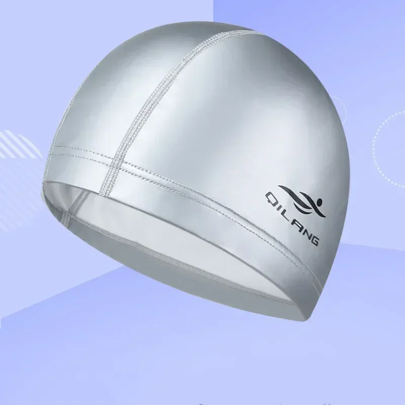 Swimming Caps Women Men Universal Long Hair Ear Protection Swim Caps PU Waterproof Letter Printed Swimming Cap Pool Accessories: Light Grey