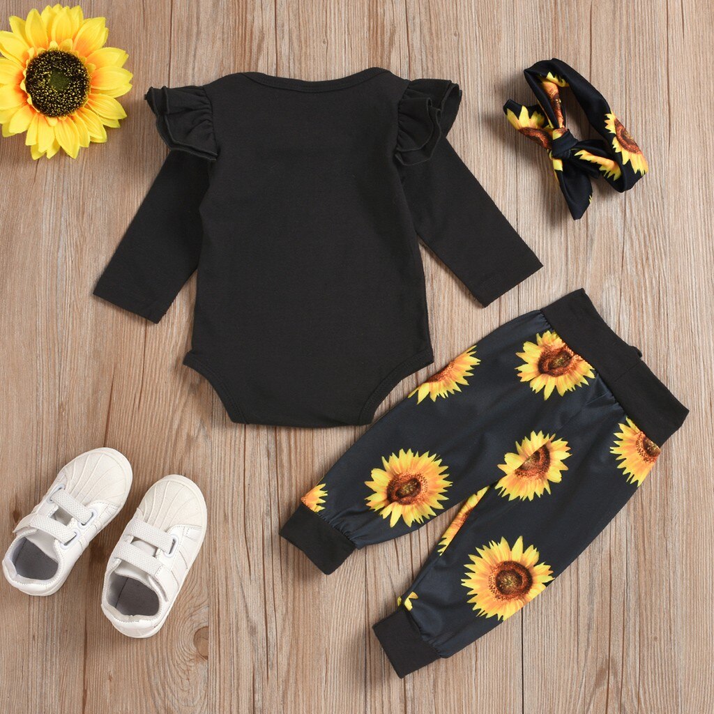 Vestiti del bambino della ragazza Manica Lunga Lettera mi dispiace ragazzi Pagliaccetto Stampato + Girasole Pants + Headband 0-24M ragazze vestiti Vetement Fille