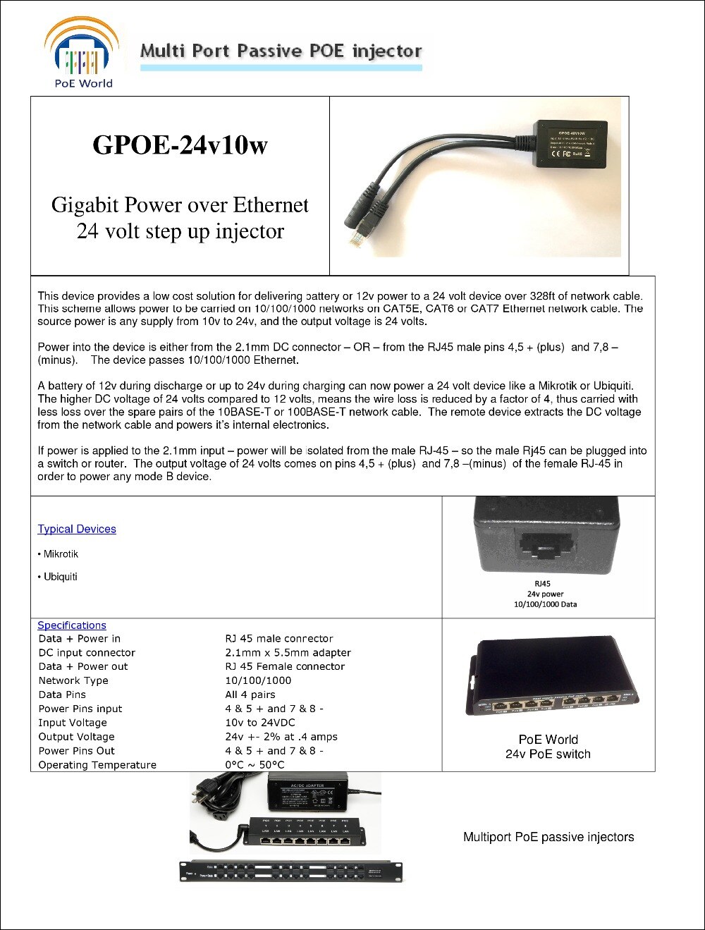 Inyector POE Gigabit de 24 voltios para Mikrotik/UBNT, producto de paneles solares, conversión de 12V a 24V, dispositivo de más de 100M de cable de red