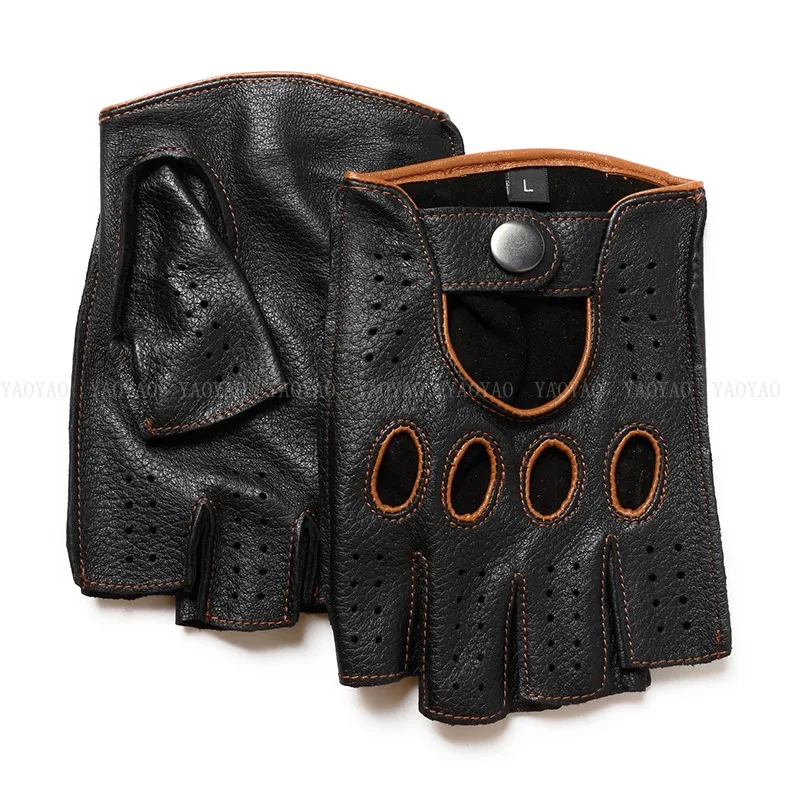 Guantes de cuero puro Real de para hombre, Guantes finos de medio dedo para Fitness, Guantes elegantes de dos colores para conducir, montar en gimnasio, sin forro: Verde militar / S
