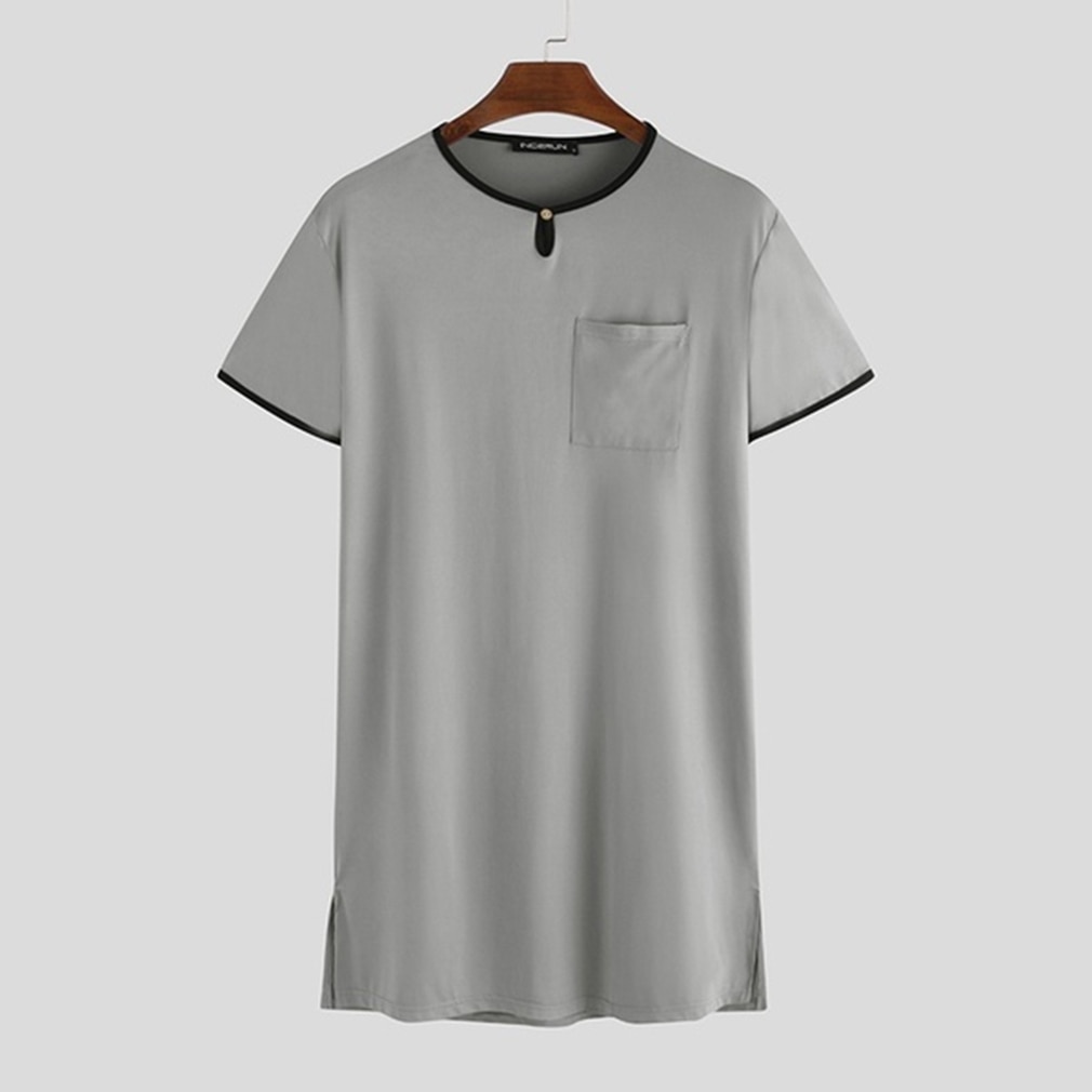 Men's Nightshirt Set Summer Loose Leisure Elastic Waist Men Sleepwear Cotton Men's Short Sleeve Nightwear Short Sleeve Top: grey / M
