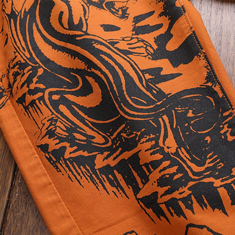 Pantalones vaqueros elásticos con estampado de tigre para hombre, vaqueros elásticos ajustados con pintura de tinta china a la