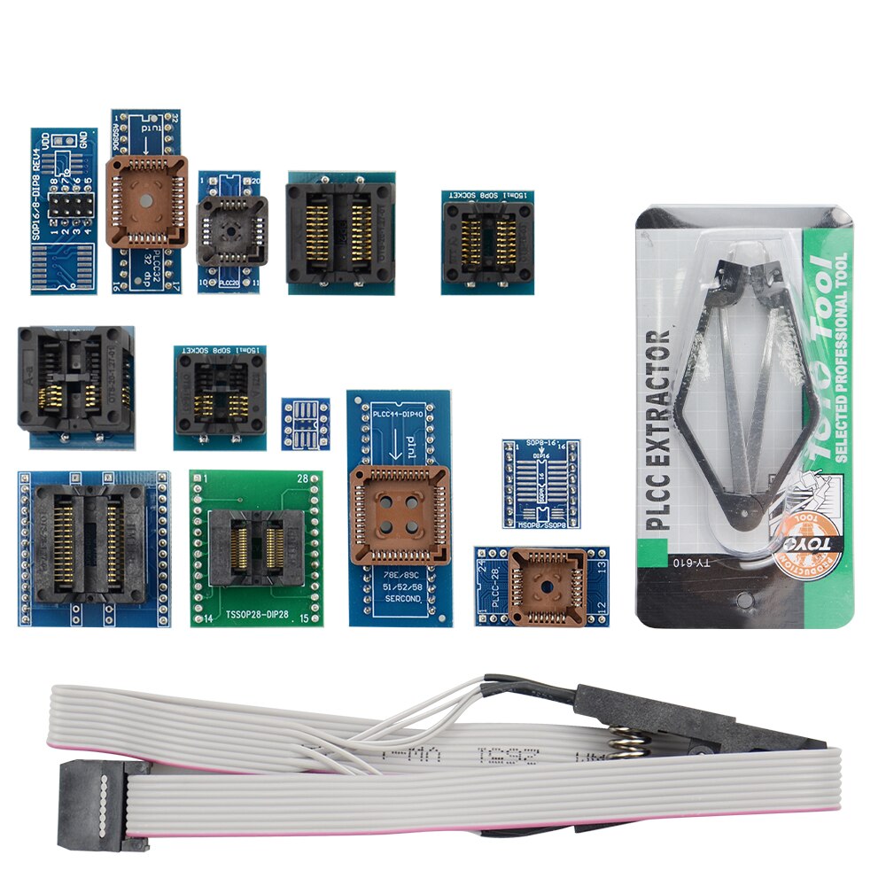 Upmely  v11.9 tl866ii plus minipro nand flash avr pic bios usb ohjelmoija 8 sovitinta  tl866 ja 13 kpl yleispistorasialle: 13 kpl pistorasia