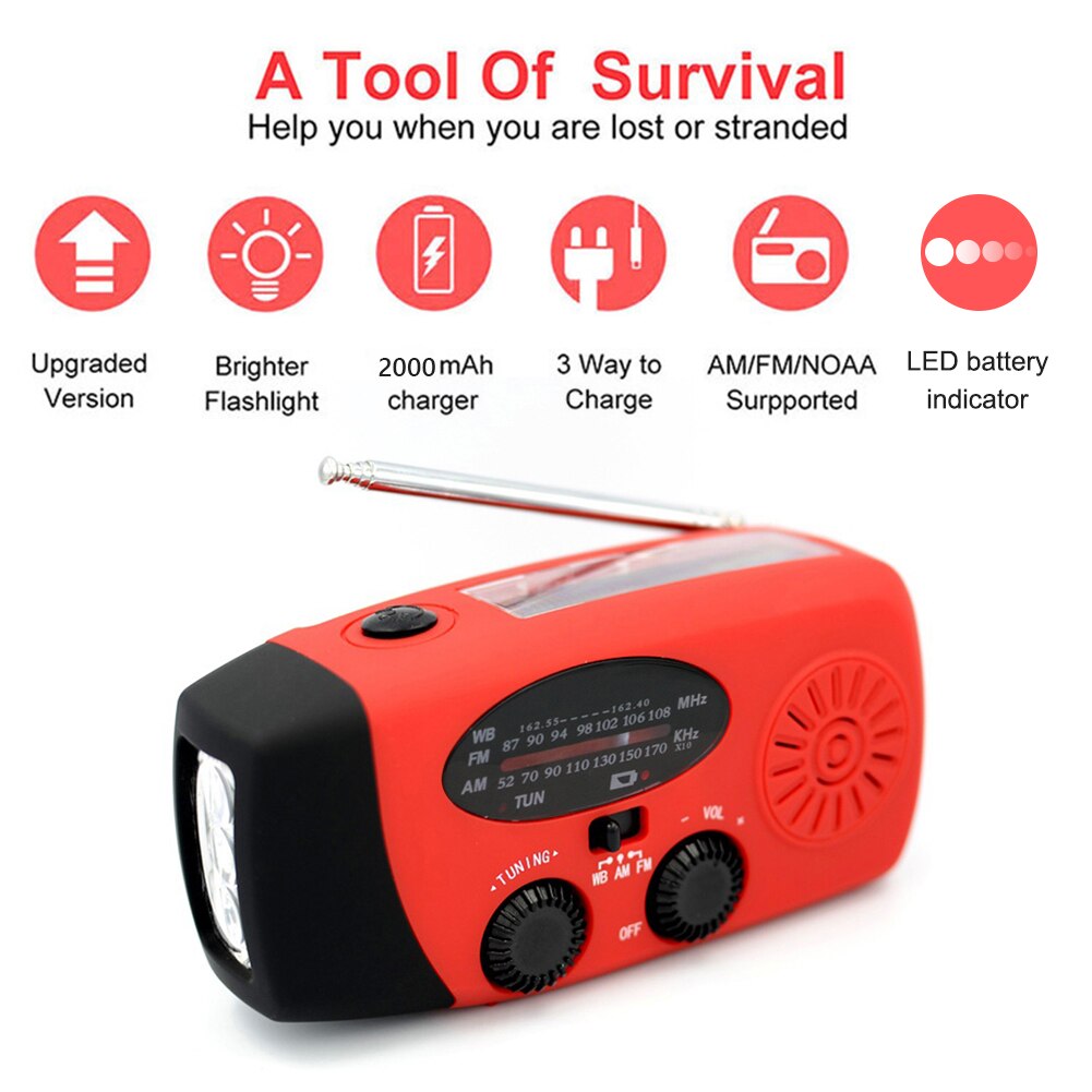Radio portátil de mano alimentada por dinamo Solar, carga USB, FM, AM, WB, NOAA, multifuncional, meteorológica, con linterna LED, Banco de energía: A Red