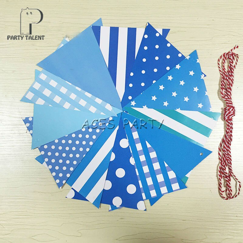 Party supplies 1set cool blue DIY paper flags banner includes 12pcs flags and a 3m string birthday party decoration