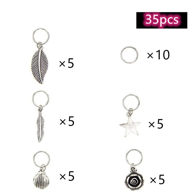 Anillos para el pelo de Metal plateado de 35 piezas, cuentas trenzadas, puños para el pelo, para el pelo amuleto, accesorios para el cabello, extensión