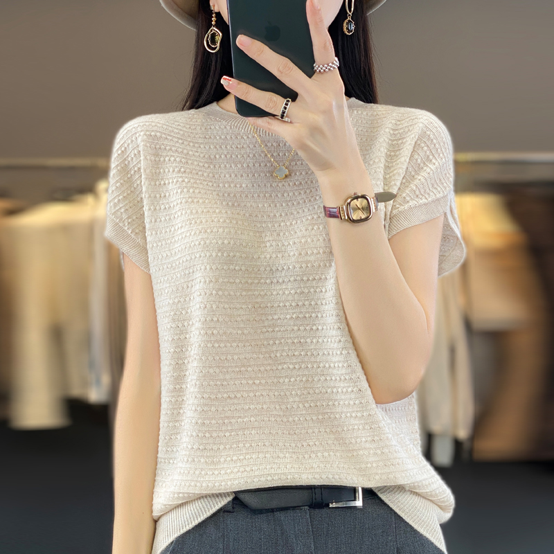 Neue Wolle Lyocell Kurzarm T-shirts Pullover frauen Oansatz Batwing Hülse Pullover Weste Sommer Gestrickte Bodenbildung T-shirt
