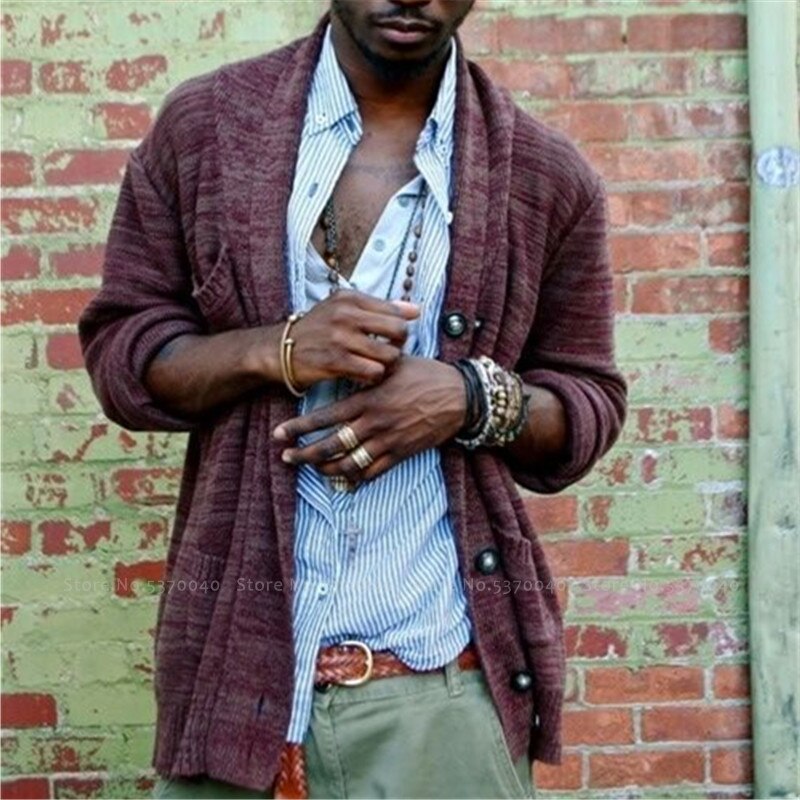 Mænd britisk stil cardigan middelalderlig retro afslappet strikket sweater frakke afrikansk indisk pakistan tøj jakker overtøj: Xxl