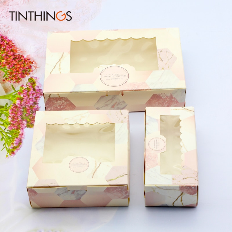 20Stck Papier Kasten Mit Fenster Rosa Marmor Hochzeit Party essen Verpackung Süssigkeit Hochzeit Karton Kuchen Boxen valentinstag Schild