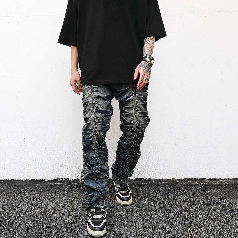 alto strada Cerniera Laterale angosciato Schiacciato Piega denim Dei jeans Degli Uomini di anca salto Elastico in Vita Dritto Pantaloni di Modo motociclista Pantaloni Pantaloni Pantaloni