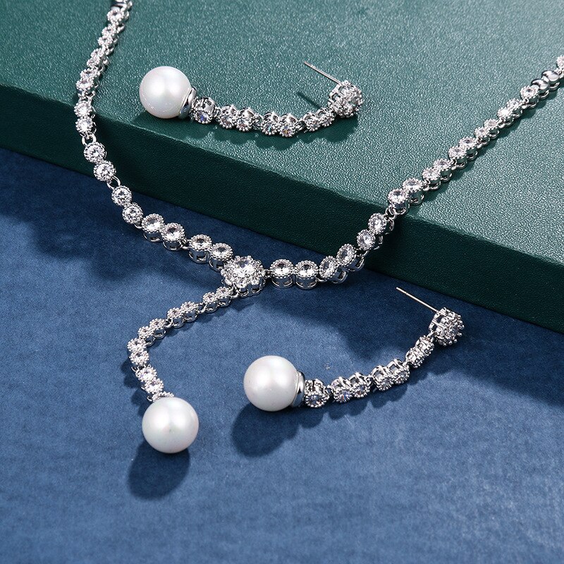 WEIMANJINGDIAN Nuovo Arrivo Borsette di Goccia Della Perla e Lunetta Impostazione cubo Zirconia CZ di Cristallo di Cerimonia Nuziale impostato di Gioielli Da Sposa