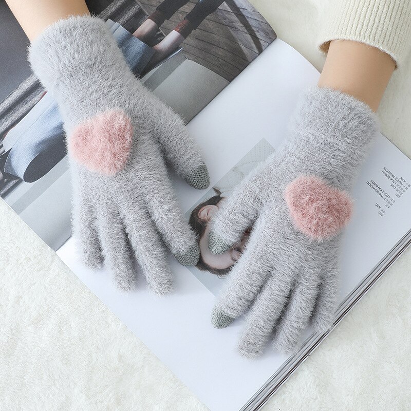 Children Winter Gloves Warm Solid Color Plush Love Thick Gloves Can Touch The Screen Soft Warm Mittens: Light Blue
