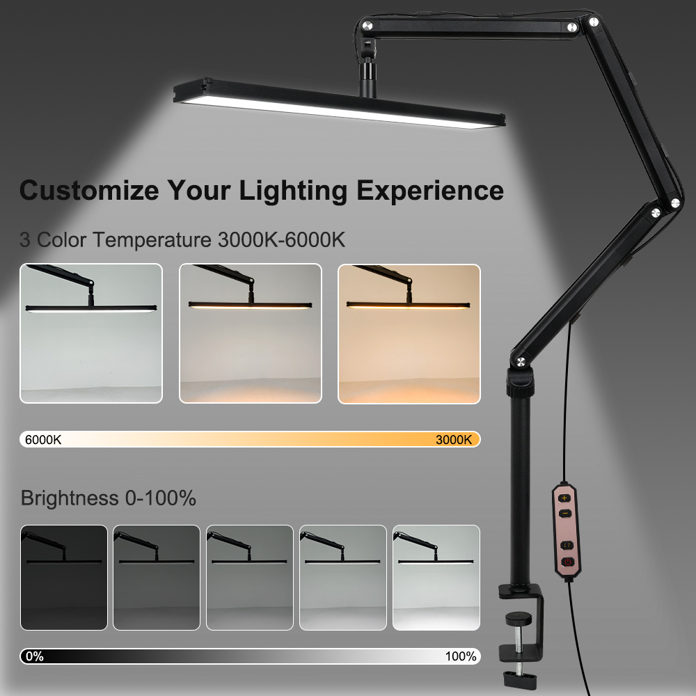 Lampada da scrivania a LED 3000K-6000K con morsetto 1400LM Lampada da banco da lavoro con braccio oscillante in metallo luminoso e accattivante per gli occhi Doppio adattatore/porta USB per ufficio