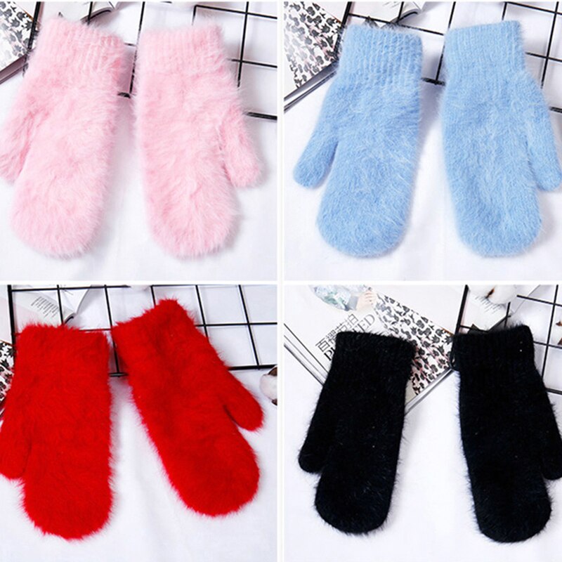 Frauen Mädchen Kaninchen Haar Handschuh Winter Dicken Flauschigen Weiche Fäustlinge Weihnachten Einfarbig Freien Nette Warme Handschuhe