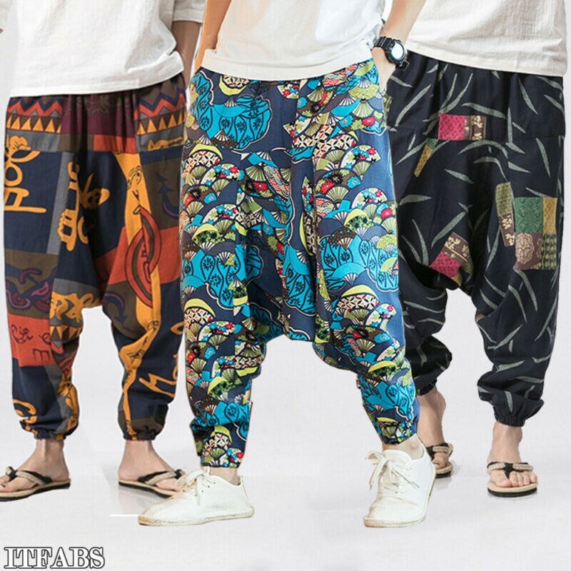 Harem Pants Hip Hop Aladdin Hmong Baggy Cotton Linen Harem Pants Men Women Plus Size Wide Leg Trousers Pants Cross-pants
