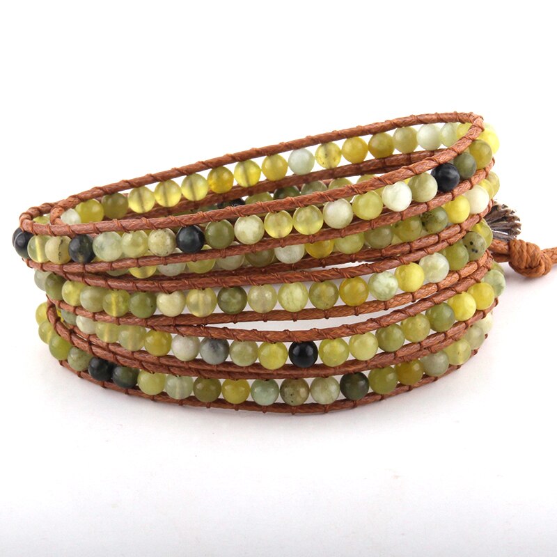 Joyería de para mujer, pulsera de cuero marrón hecha a mano, 5 hebras, piedras naturales de 4mm, pulseras envolventes, DropShippers: pic 2