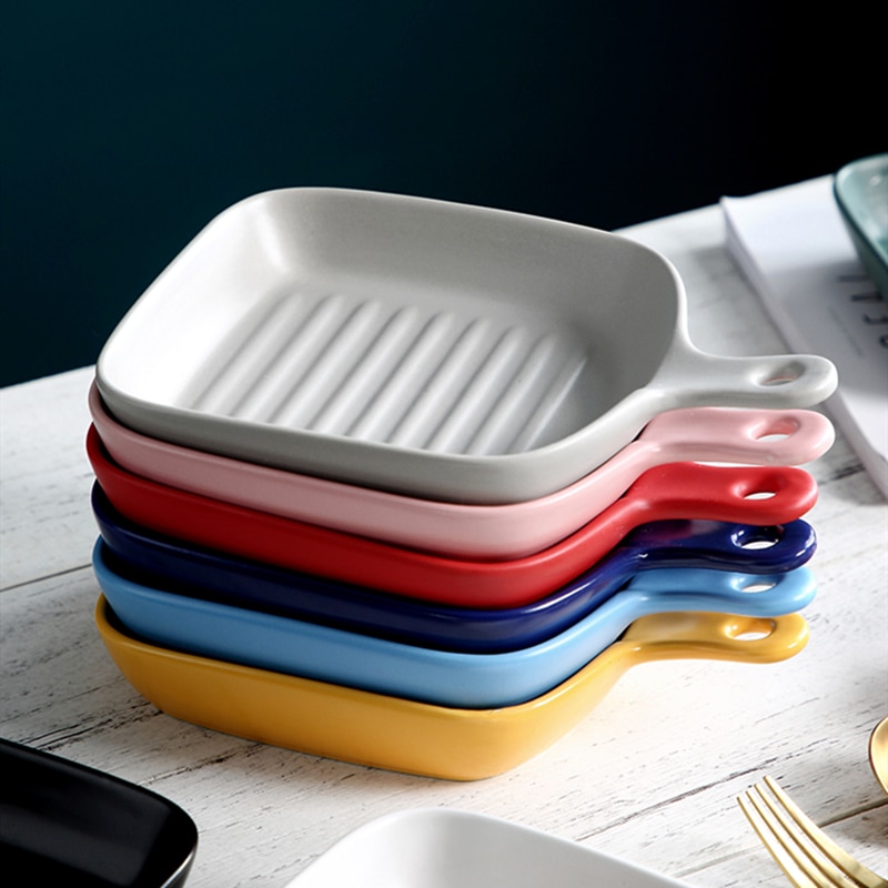 Nordisk ugnstallrik rund fyrkantig dubbelöra med handtag keramisk servis modern hem frukost salladstallrik