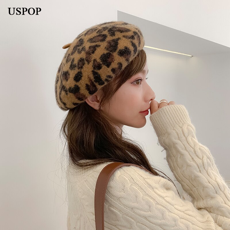 USPOP warm wool hats women thick leopard berets female wool beret hat autumn winter hat