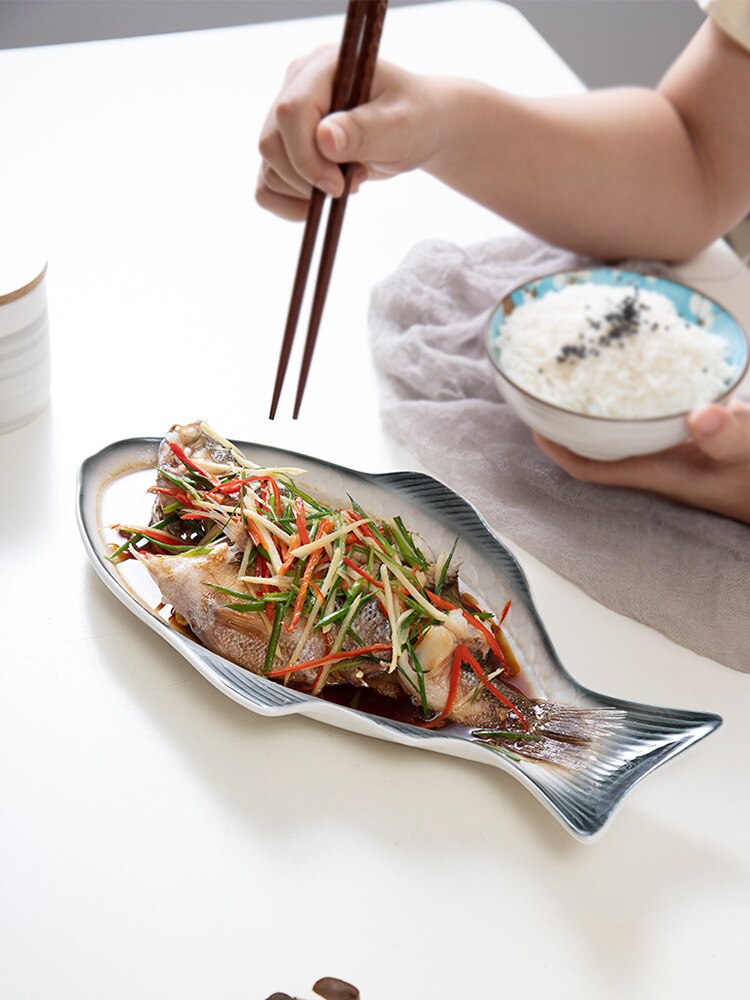 Japanese ceramic fish plate household fish plate net red style steamed fish plate hotel tableware factory