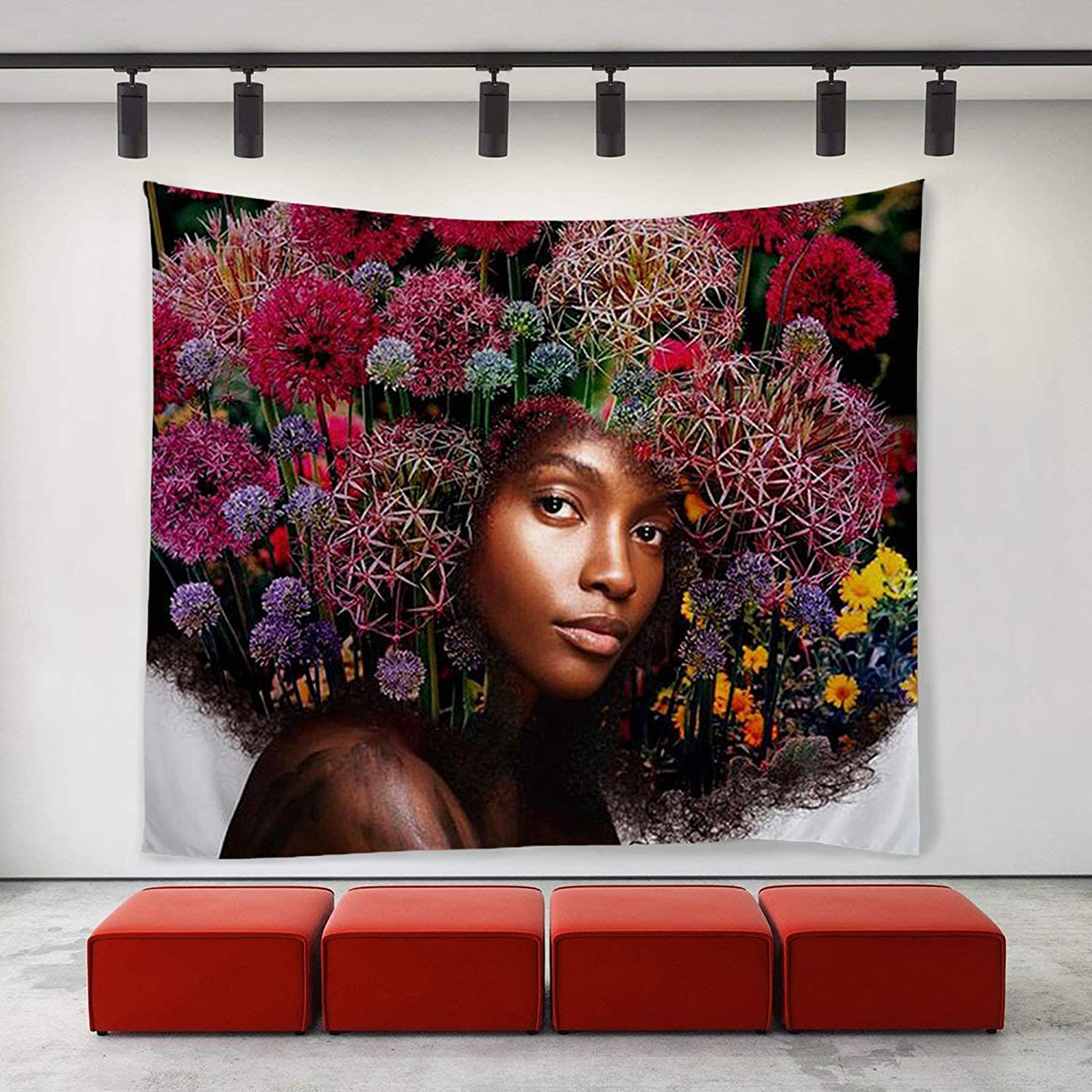 Black Art Wall Tapestry Hippie Art African American Women Flower Hair Art Tapestries Wall Hanging
