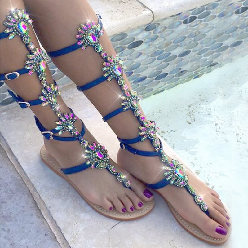 Roman Rhinestone Women Summer Jelly Sandals Bling Knee High Sandals Ladies Outdoor Beach Sandals Flat Shoes