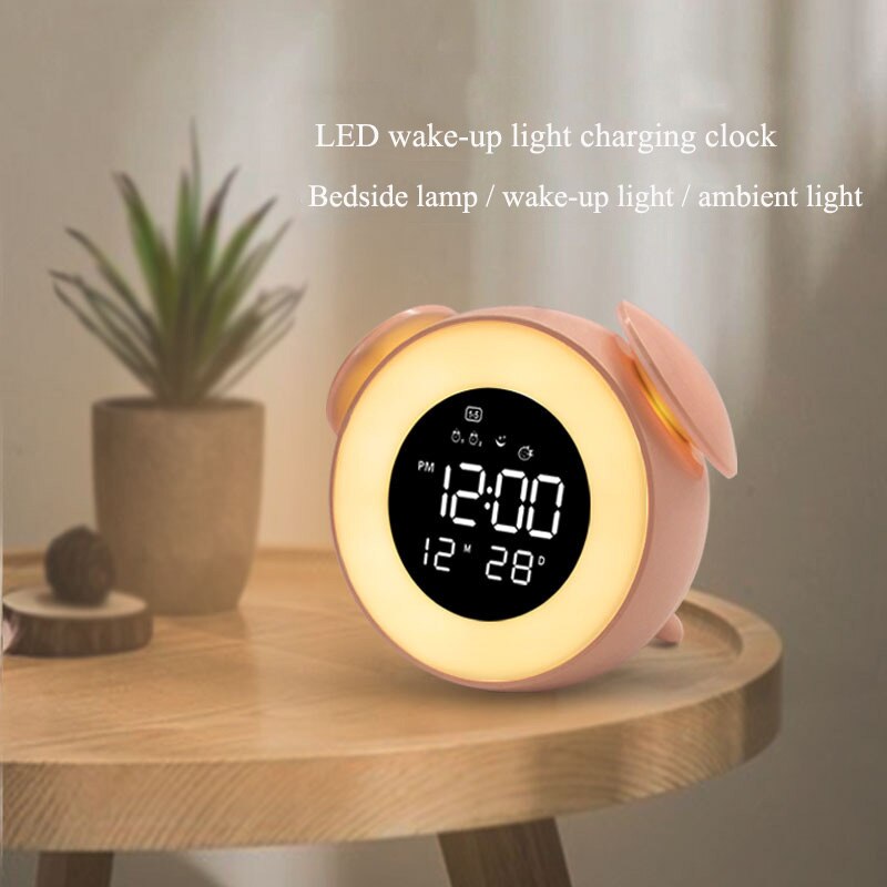 Touch Sensing Digital Alarm Clock Sunrise Sunset LED Wake Up Lights Colorful Light Snooze Mode Nature Sound Sleep Alarm Clock: Pink