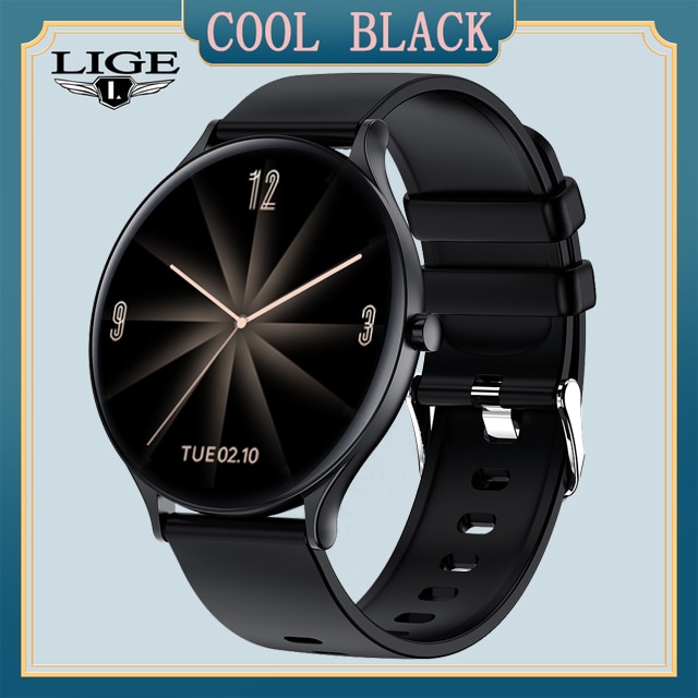 LIGE Full Circle Touch Screen Luxury Smart Watch Women Smart Wristband Fitness Bracelet Men Heart Rate Waterproof Smartwatch: Black