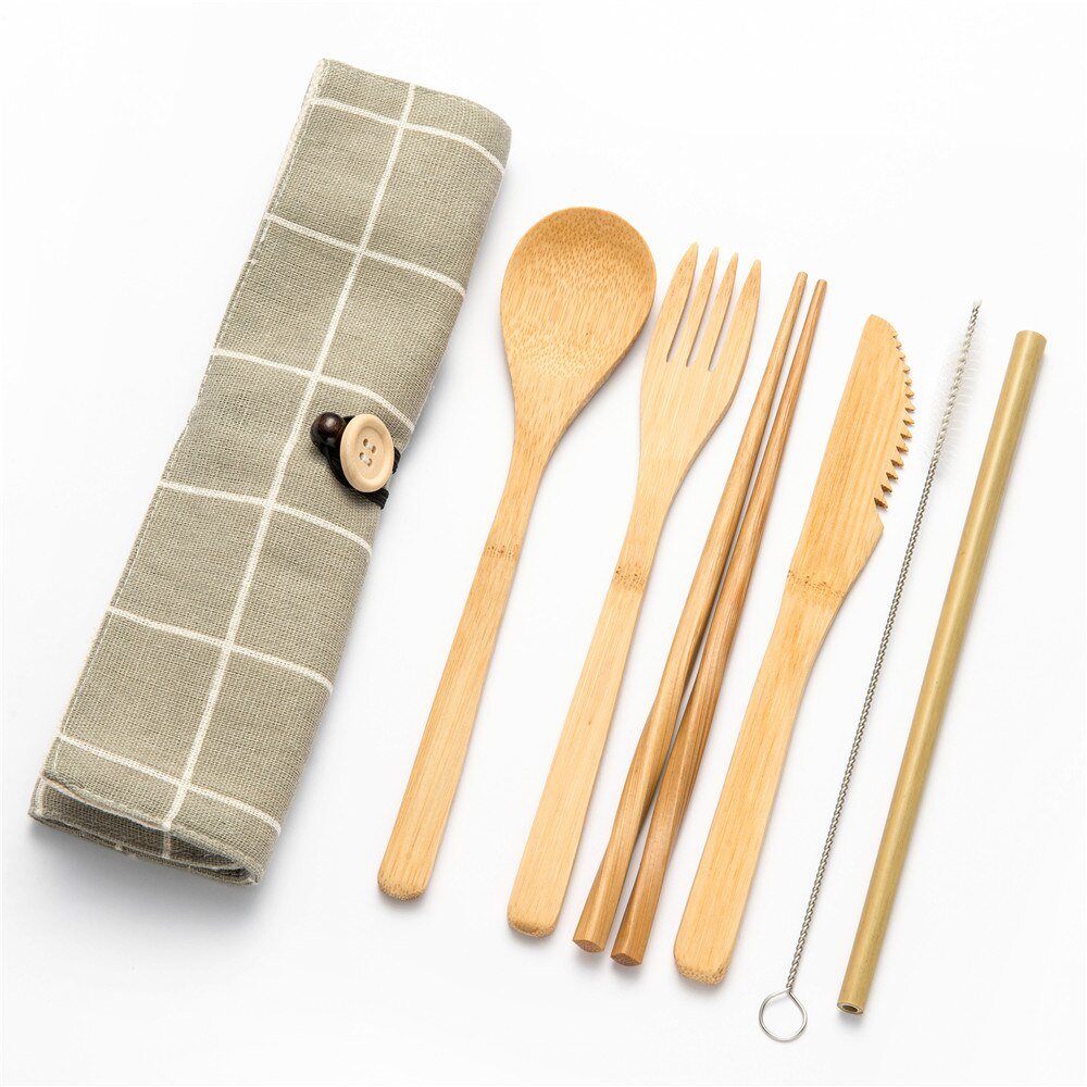 Eco-vriendelijke Reizen Herbruikbare Draagbare Bamboe Bestek Set Lepel Vork Eetstokje Sets 6 stks/set Straw Keuken Voedsel Servies Set: 7pcs set002