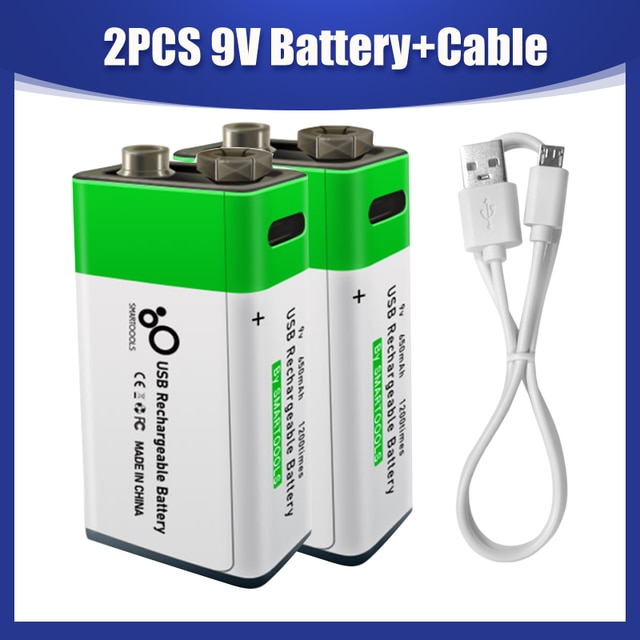 9V 650mAh 6F22 Lithium Rechargeable Battery USB Charging For Toy Remote Control RC KTV Multimeter Microphone Guitar Helicopter: 2PCS Battery Cable
