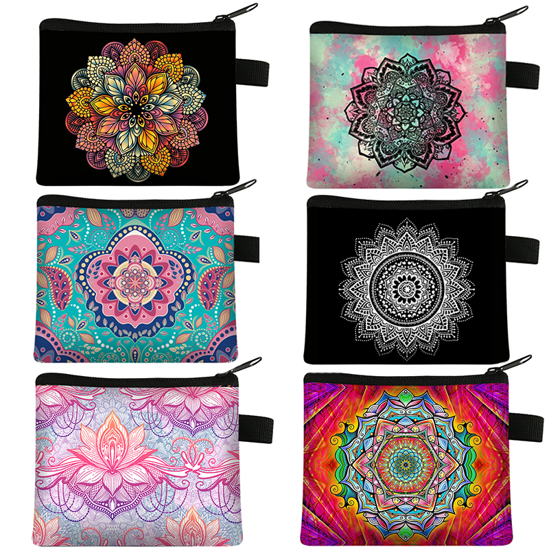 Møntpung dame lille pung dame flerfarvet mønster sød møntpose mandala blomsterprint id kreditkort etui mini møntholder