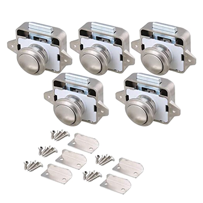 5Pcs 26mm Opening Hole Pearl Nickel Keyless Push Button Cabinet Latch Knob for Motorhome Caravan Cupboard Cabinet Door