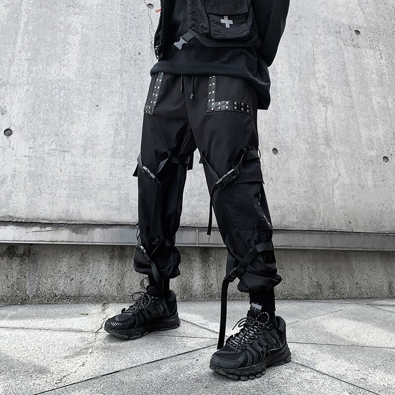 Pantalones góticos punk rock para hombre, ropa de calle con remaches de cuero, color negro