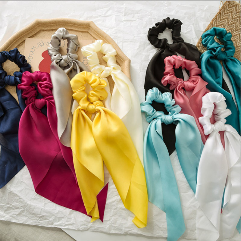 Druck Bogen Satin- Mädchen Elastische Haar Bands Haar Zubehör Lange Band Pferdeschwanz Schal Haar Krawatte Frauen Scrunchies Stirnband