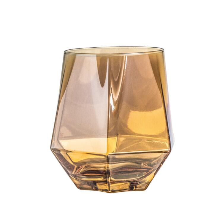 Taza de agua con forma de diamante transparente, taza de cristal con borde dorado, para beber en el hogar, polígono, mate, para leche, vino, estilo Elagant