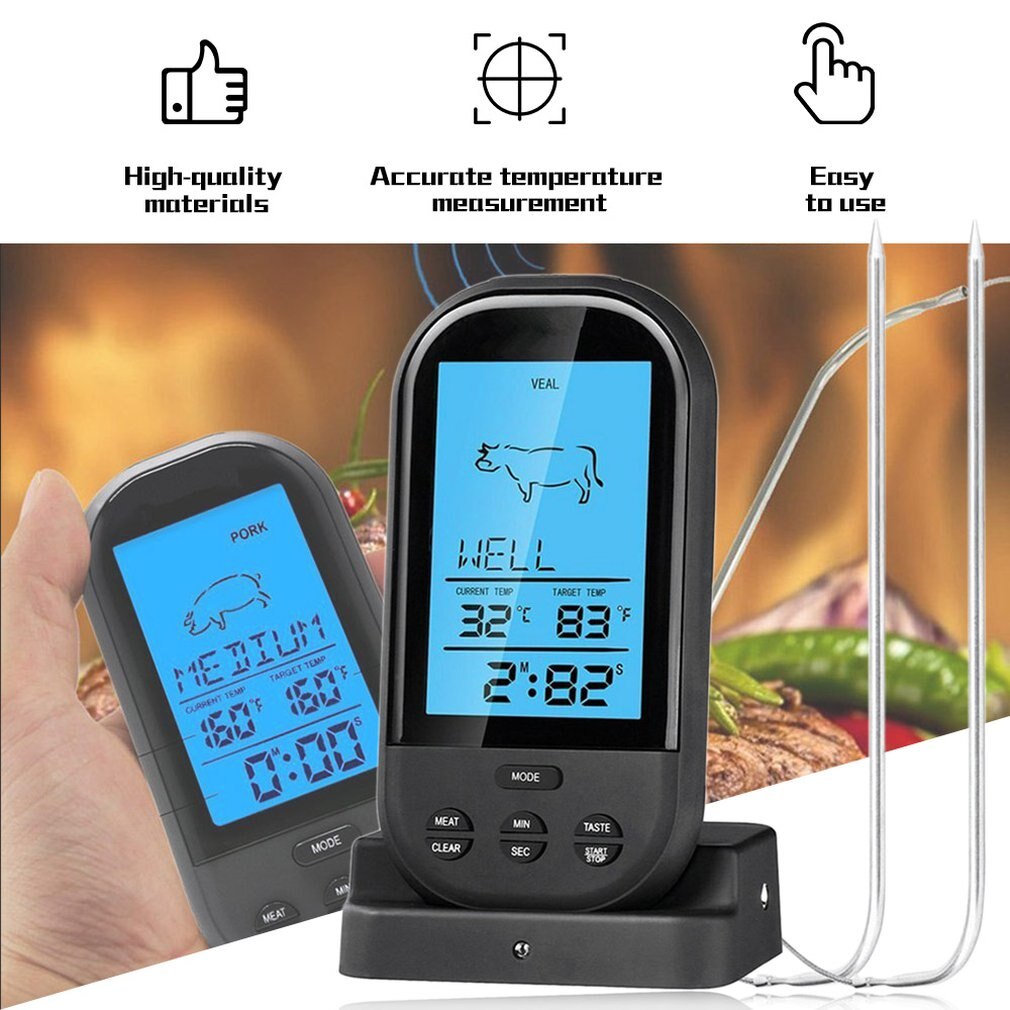 Zwarte Draadloze Digitale Lcd Display Bbq Thermometer Keuken Barbecue Digitale Probe Vlees Thermometer Bbq Temperatuur Tool